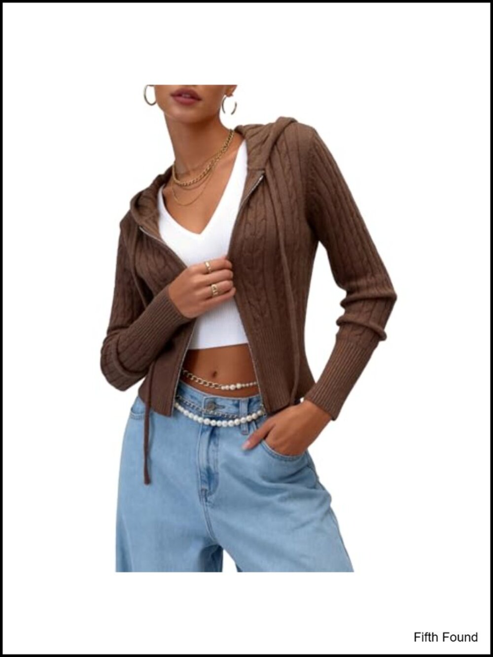 Cable Knit Zip Up Hoodie Sweater Cropped Cardigan Women Y2K